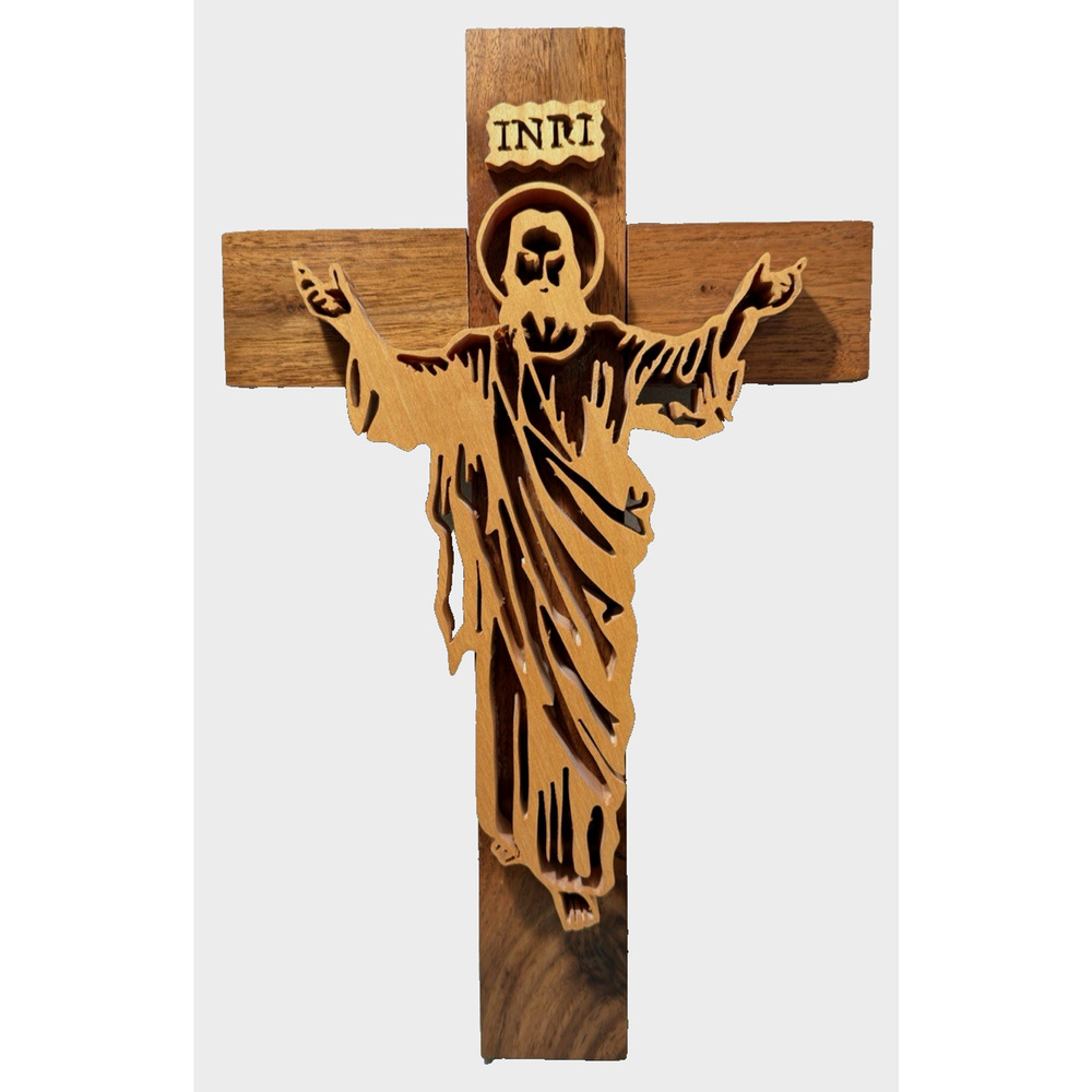 Vintage Hand Crafted Scroll Saw Fretwork Wooden INRI Cross Wall Crucifix Jesus